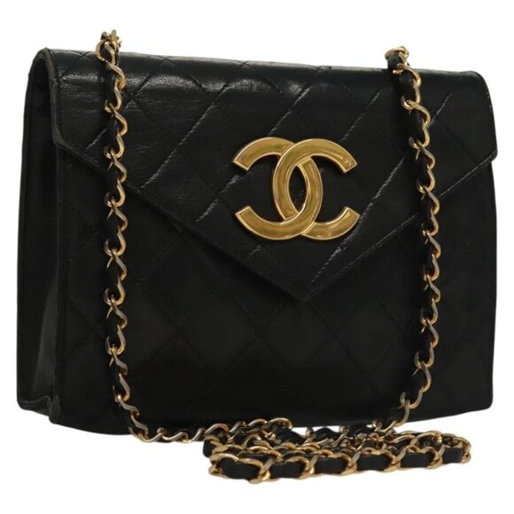 CHANEL Matelasse COCO Mark Chain Shoulder Bag Lamb Skin Black CC Auth 133274 - Picture 1 of 16